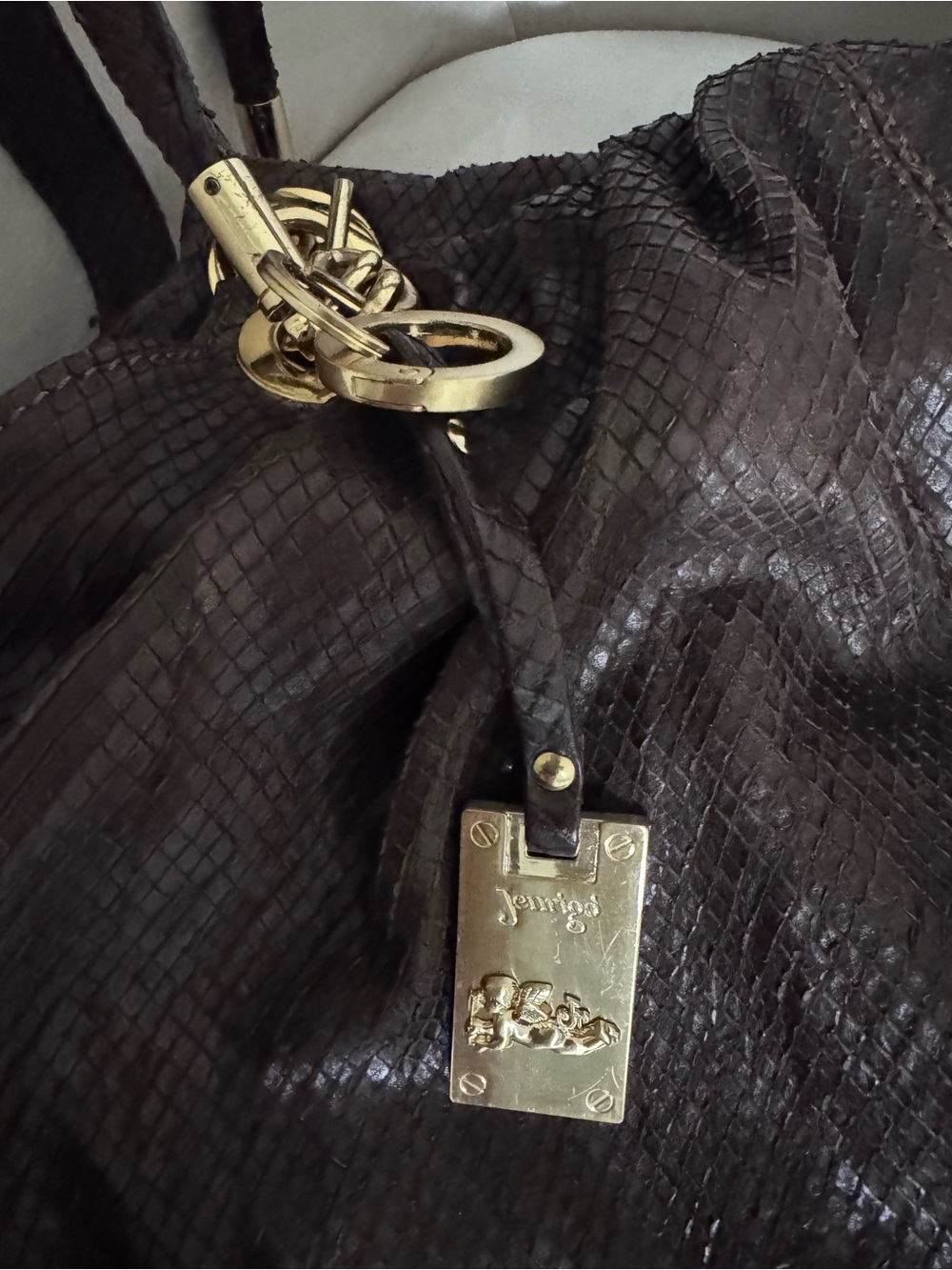 Jenrigo Dark Brown snakeskin Tote with Gold Hardware